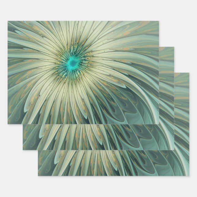Abstract Sage Green Fantasy Flower Fractal Art Wrapping Paper Sheet (Set)