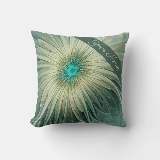 Abstract Sage Green Fantasy Flower Fractal Name Cushion (Front)