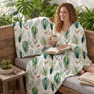 Abstract Scandinavian Christmas Foliage Sage Green Fleece Blanket