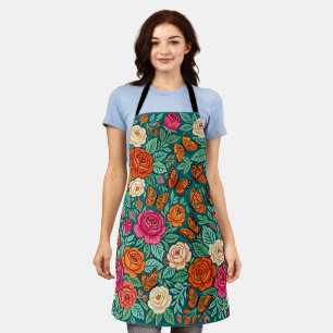 Abstract Scandinavian Roses Butterflies Apron