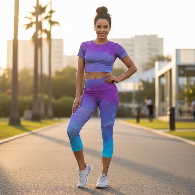 Abstract Scattered Stars on Purple to Blue Ombre  Capri Leggings (Creator Uploaded)