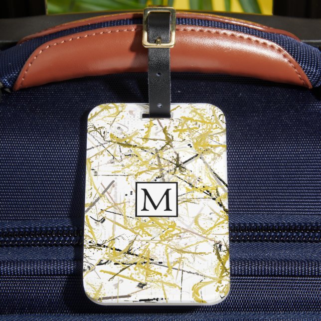 Abstract Scribbles - Mustard and Brown Luggage Tag (Front Insitu 2)