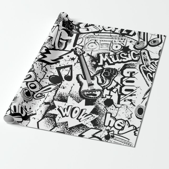 Abstract seamless black and white comics graffiti  wrapping paper (Unrolled)