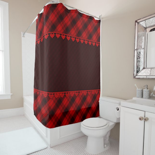 Abstract seamless chequered plaid red brown tartan shower curtain (In Situ)