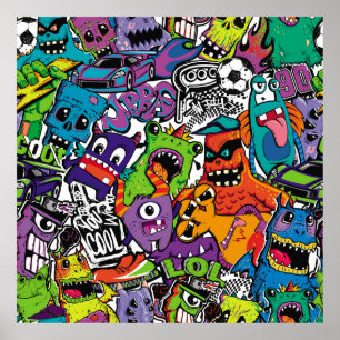 Abstract seamless comics monsters. Cartoon mutant Poster