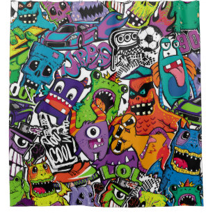 Abstract seamless comics monsters. Cartoon mutant Shower Curtain