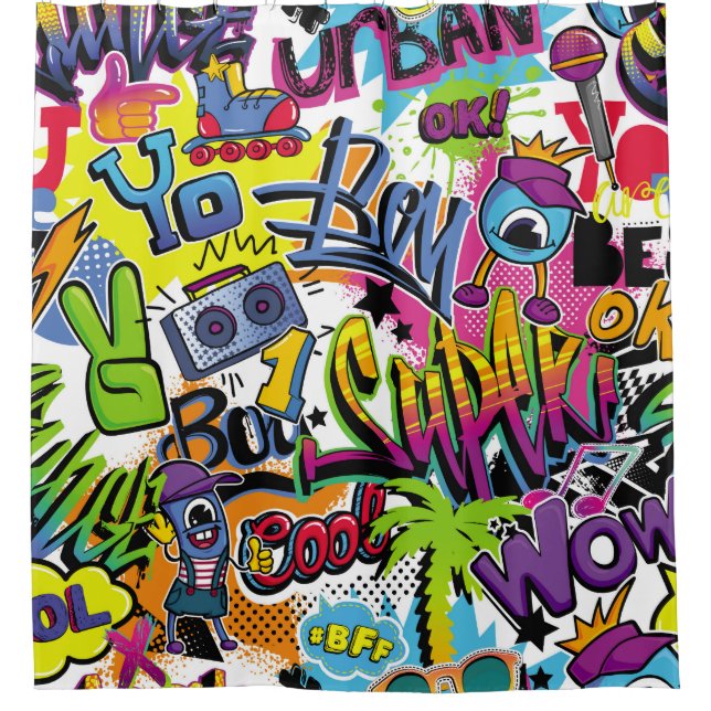 Abstract seamless comics pattern with palm tree, h shower curtain (Front)