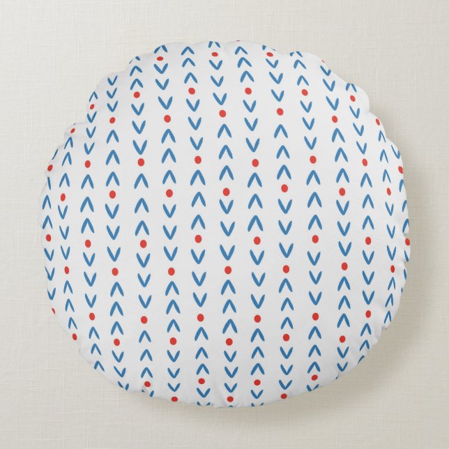 Abstract seamless pattern in blue and red on cream round cushion (Front)