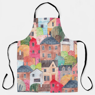Abstract seamless pattern with houses. Watercolor Apron