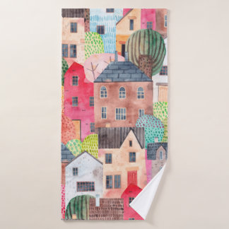 Abstract seamless pattern with houses. Watercolor  Bath Towel