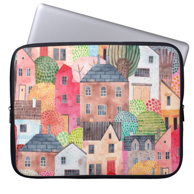 Abstract seamless pattern with houses. Watercolor  Laptop Sleeve (Front)