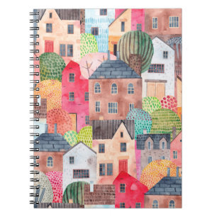 Abstract seamless pattern with houses. Watercolor Notebook