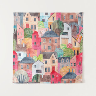 Abstract seamless pattern with houses. Watercolor  Tapestry