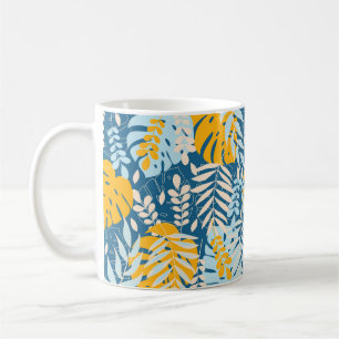 Abstract seamless pattern with tropical leaves and coffee mug