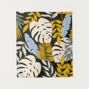 Abstract seamless pattern with tropical leaves and tapestry
