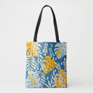 Abstract seamless pattern with tropical leaves and tote bag
