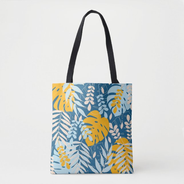Abstract seamless pattern with tropical leaves and tote bag (Front)
