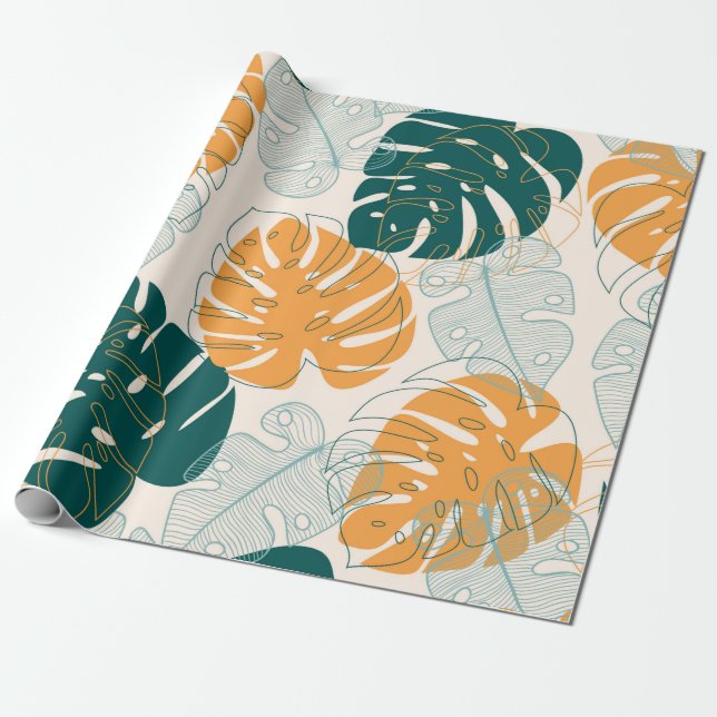 Abstract seamless pattern with tropical leaves and wrapping paper (Unrolled)