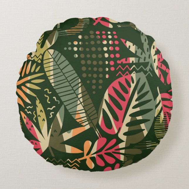 Abstract seamless pattern with tropical leaves. Ha Round Cushion (Front)