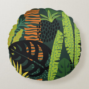 Abstract seamless pattern with tropical leaves. Ha Round Cushion