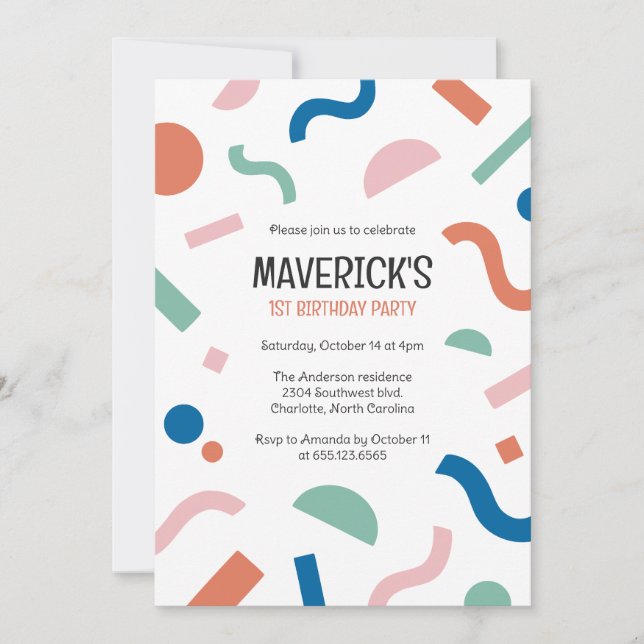 Abstract shapes baby first birthday invitation (Front)