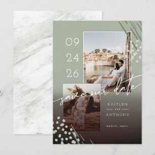 Abstract Shapes Sage Green Marble Back & 2 Photos Save The Date