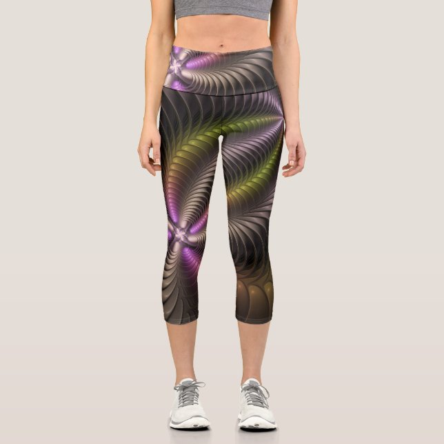 Abstract Shiny Trippy Colourful 3D Fractal Art Capri Leggings (Front)