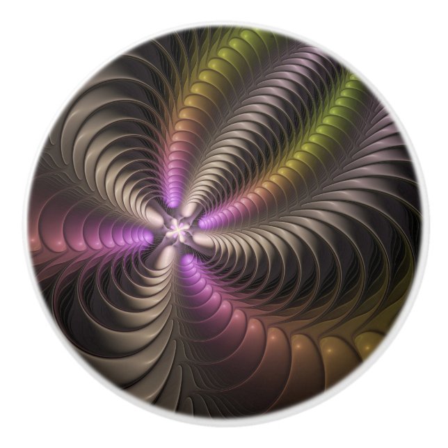 Abstract Shiny Trippy Colourful 3D Fractal Art Ceramic Knob (Front)