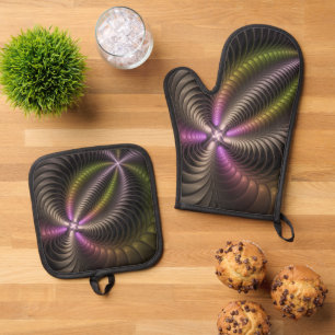 Abstract Shiny Trippy Colourful 3D Fractal Art Oven Mitt & Pot Holder Set