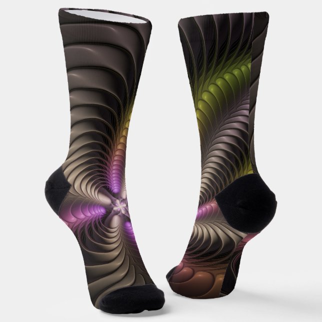 Abstract Shiny Trippy Colourful 3D Fractal Art Socks (Angled)