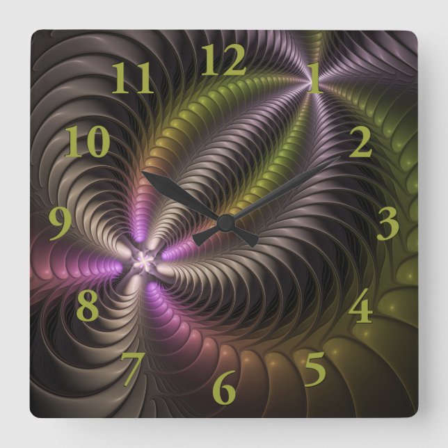 Abstract Shiny Trippy Colourful 3D Fractal Art Square Wall Clock (Front)