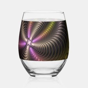 Abstract Shiny Trippy Colourful 3D Fractal Art Stemless Wine Glass