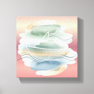 Abstract Ship Canvas – Sandy Beige, Dusty Blue & O Print