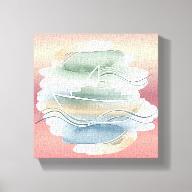 Abstract Ship Canvas – Sandy Beige, Dusty Blue & O Print (Front)