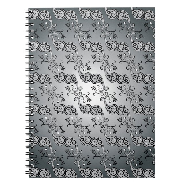 Abstract Silver and black Tulip Boteh Pattern Notebook (Front)