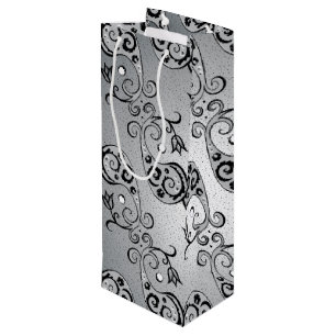 Abstract Silver and black Tulip Boteh Pattern Wine Gift Bag