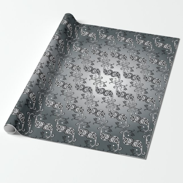 Abstract Silver and black Tulip Boteh Pattern Wrapping Paper (Unrolled)