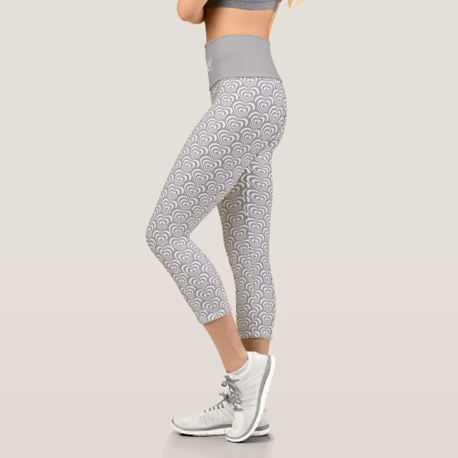 Abstract Silver Grey & White Concentric Hearts Capri Leggings (Left)