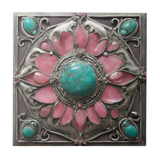 Abstract Silver Pink and turquoise Mosaic Art Tile