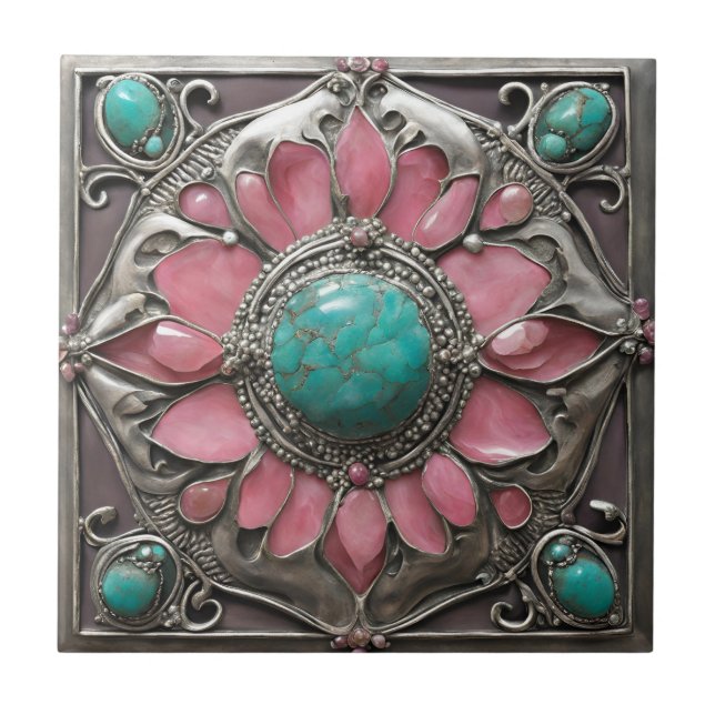 Abstract Silver Pink and turquoise Mosaic Art Tile (Front)
