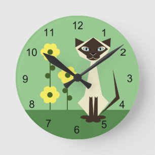 Abstract Sitting Cat and Flower Green Round Clock