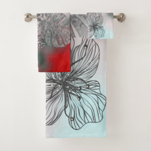 Abstract sketched flowers leaves floral gradient p bath towel set