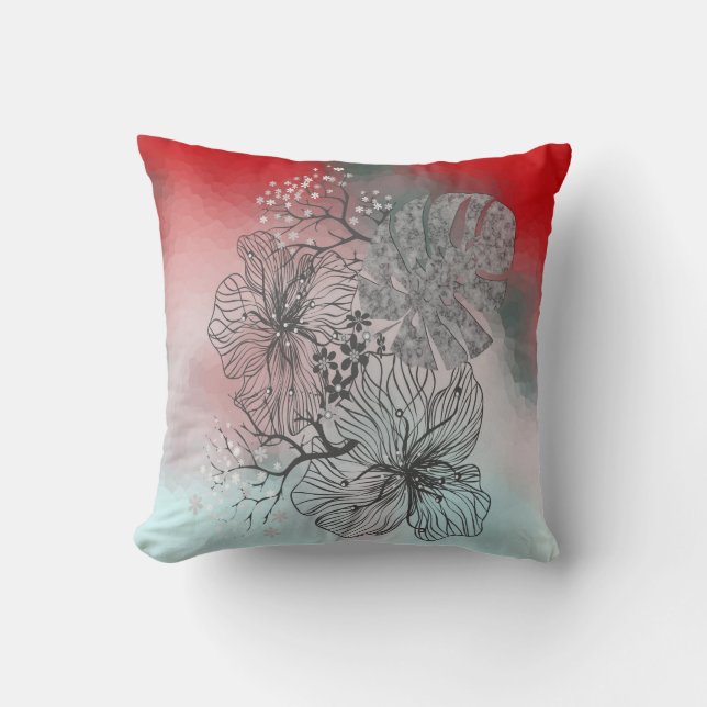 Abstract sketched flowers leaves floral gradient p cushion (Front)