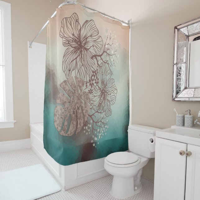 Abstract sketched flowers leaves floral gradient p shower curtain (In Situ)