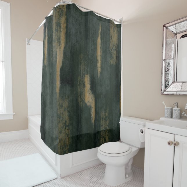 Abstract Soft Hues Deep Green & Gold Shower Curtain (In Situ)