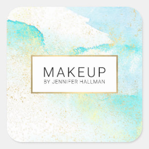 Abstract Soft Teal Blue Watercolor Faux Gold Dust Square Sticker