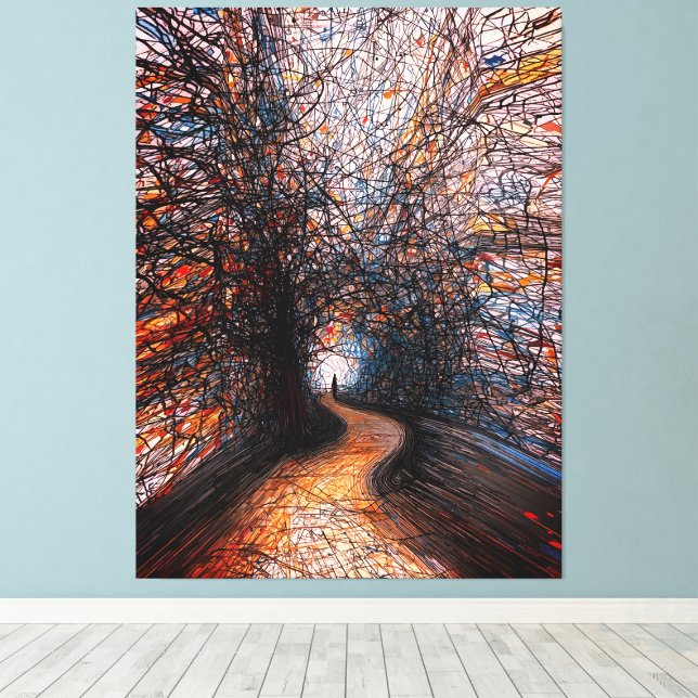 Abstract Solitude Road – Colourful Tree Pathway Canvas Print (Insitu(Wood Floor))