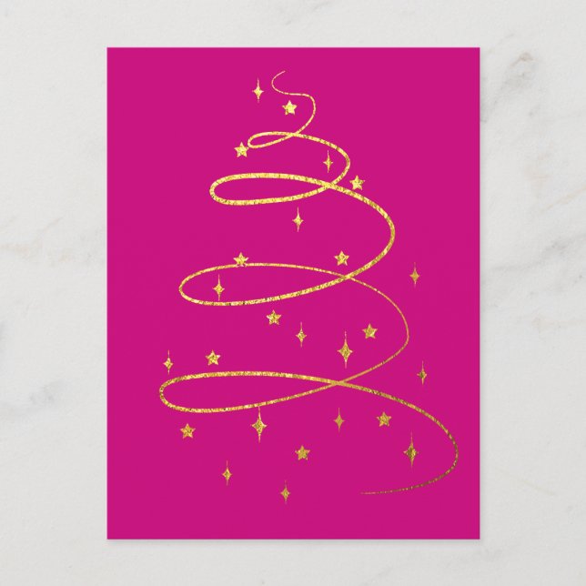 Abstract Sparkling Gold Christmas Tree on Magenta Holiday Postcard (Front)
