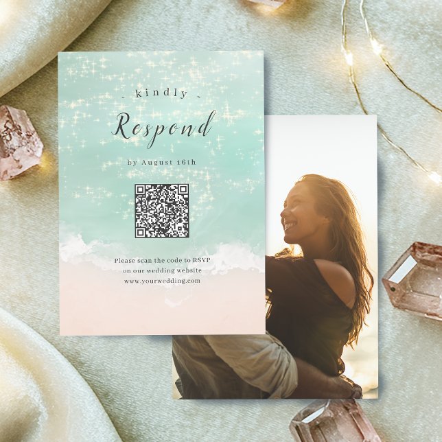 Abstract sparkling ocean beach wedding QR code RSVP Card (Abstract sparkling ocean beach wedding QR code RSVP Card)