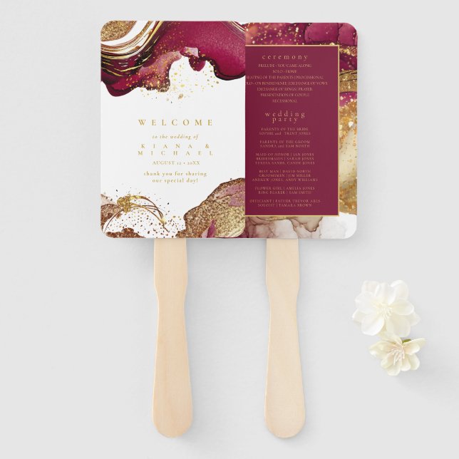 Abstract Sparkling Wedding Program Wine Red ID1018 Hand Fan (Front and Back)
